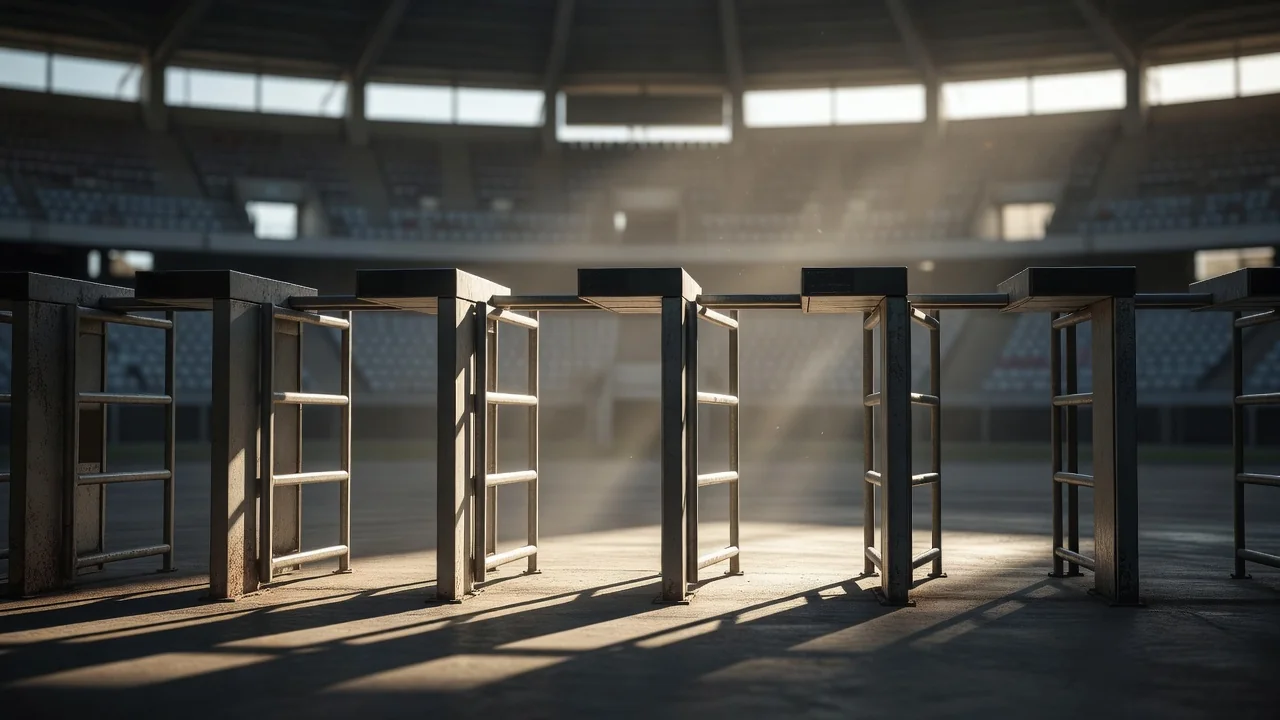Torniquete de entrada de um estádio com a luz a passar pelas grades, sem ninguém à volta.