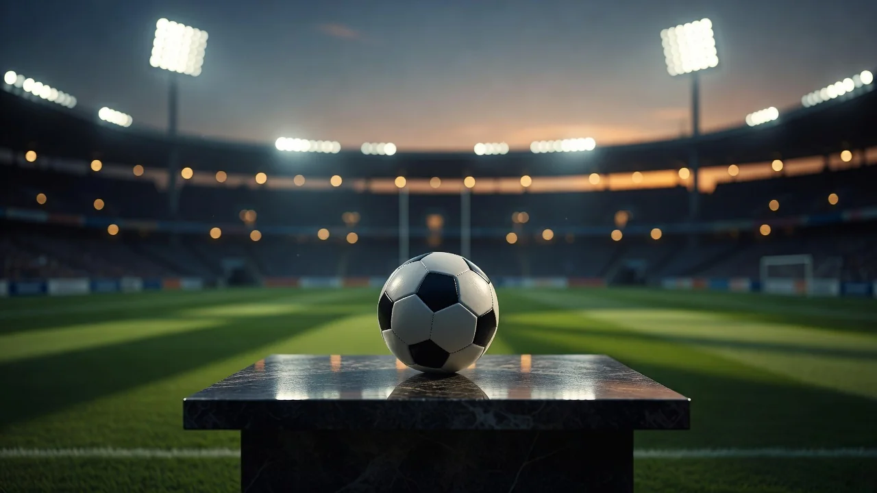 Bola de futebol sobre um pódio com as luzes do estádio desfocadas em bokeh ao anoitecer.