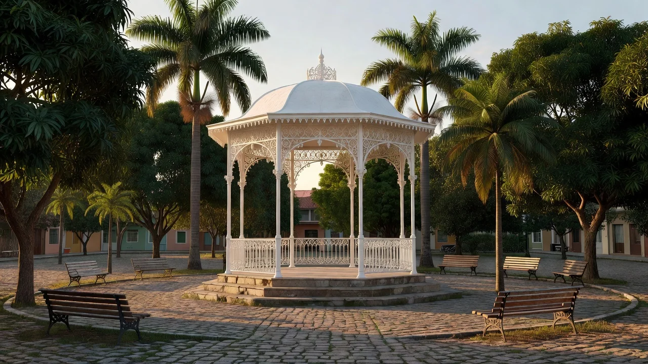 Coreto iluminado na Praça de Nossa Senhora das Dores durante sarau cultural ao entardecer