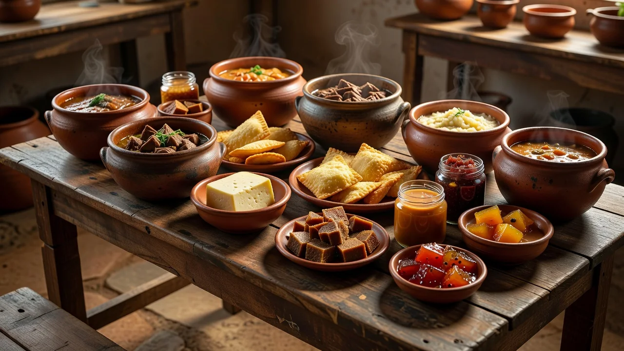 Mesa farta com pratos típicos da culinária dorense, incluindo carne de sol, queijo coalho e doces caseiros
