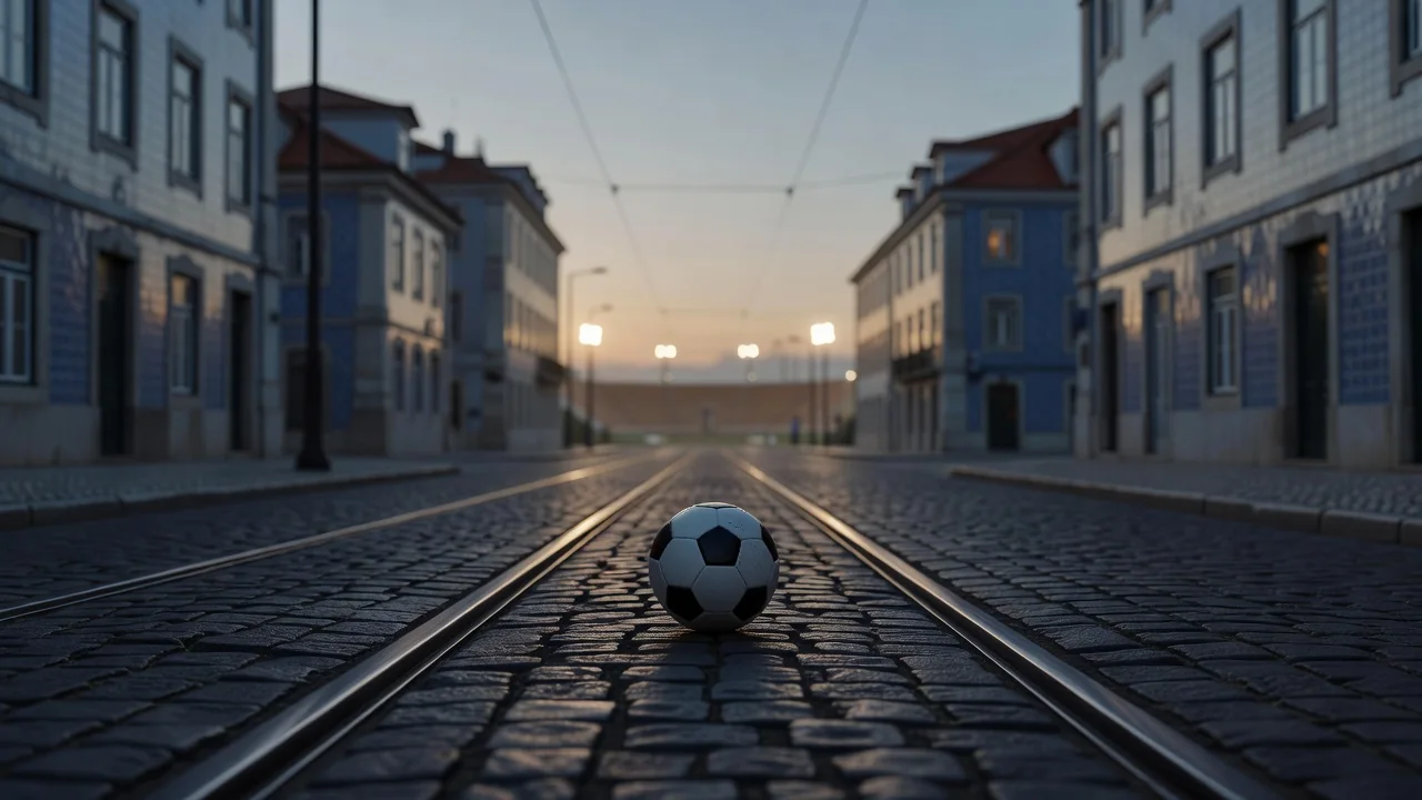 Rua de Lisboa vazia com carris de elétrico ao anoitecer e uma bola de futebol sobre a calçada.