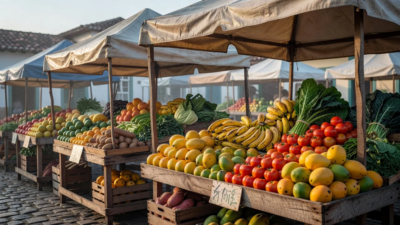 Feira livre movimentada em Dores com barracas coloridas e produtores rurais