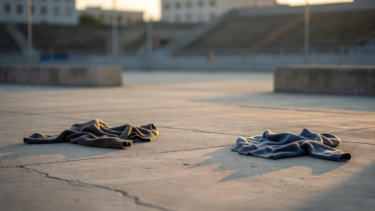 Bola de futsal gasta no centro de um pavilhão vazio, com a linha do campo a atravessar o piso de madeira.
