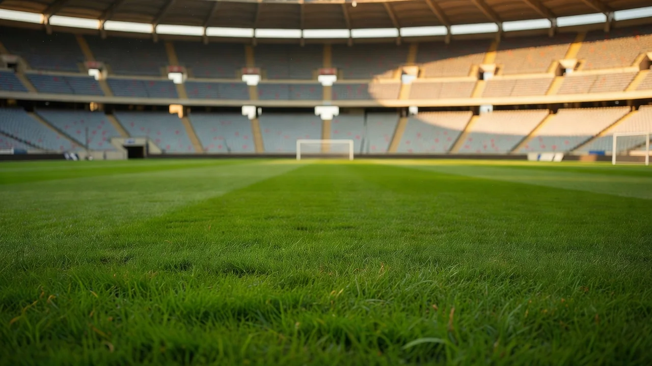 Luz da hora dourada sobre o relvado vazio de um estádio nacional, em plano aberto.