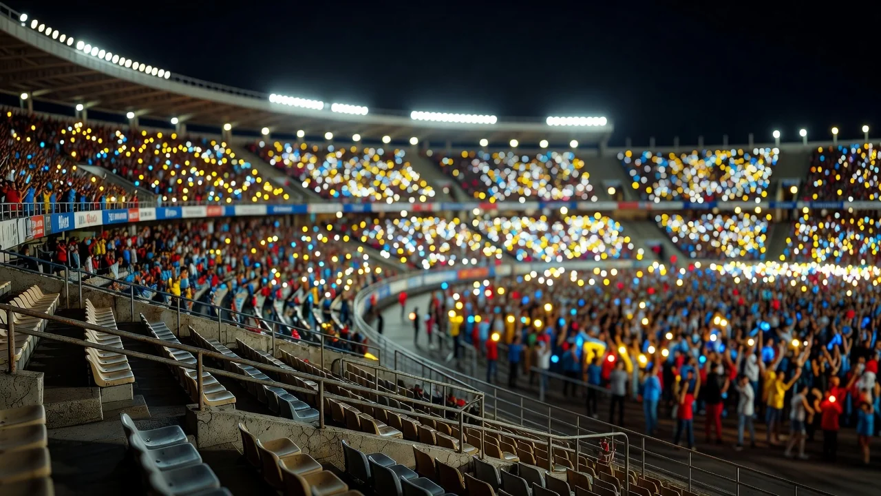 Bancada de estádio transformada em luzes bokeh à noite, sem rostos distinguíveis, em sensação de longa exposição.