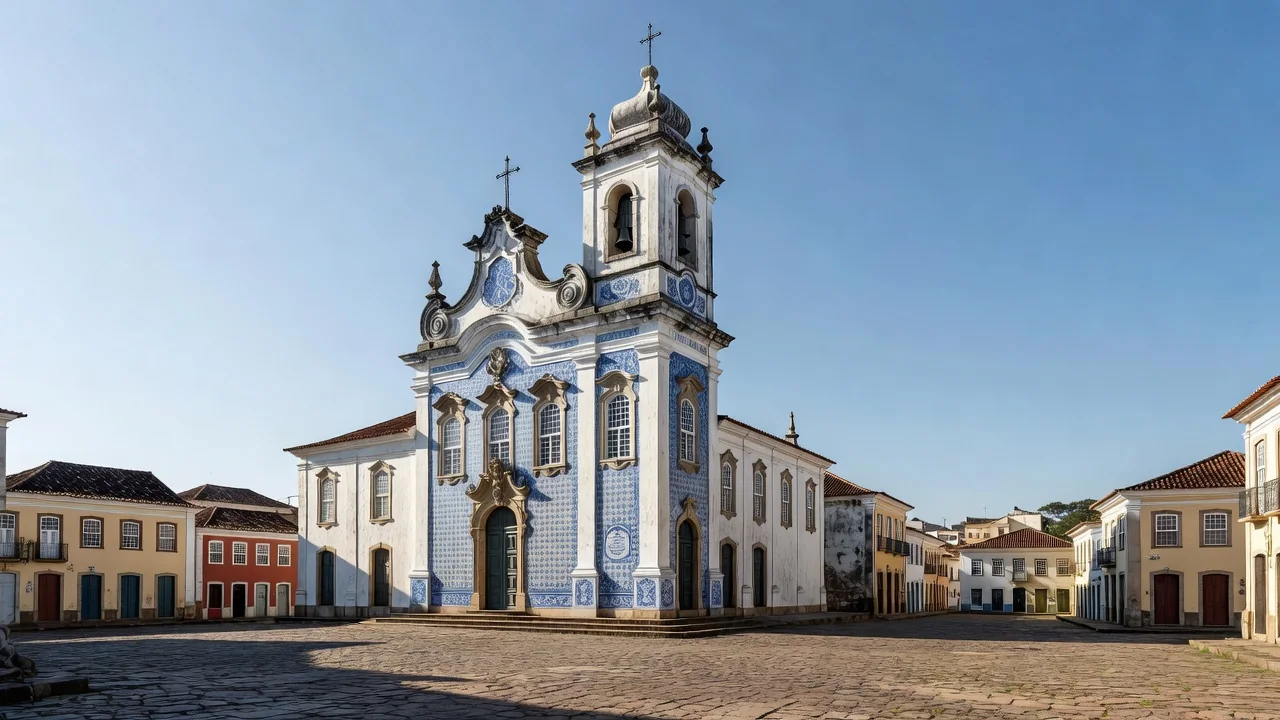 Fachada da Igreja Matriz de Nossa Senhora das Dores ao entardecer, com suas torres sineiras e portas abertas
