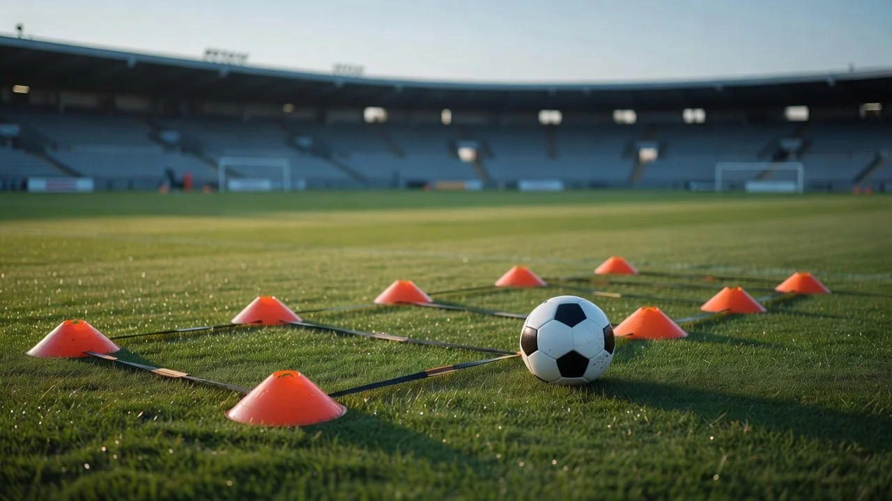 Escada de treino e cones com uma bola de futebol num relvado de treino ao amanhecer.