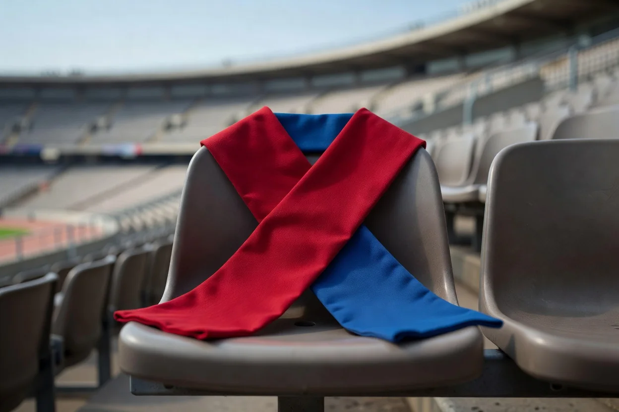 Dois cachecóis lisos, um vermelho e um azul, cruzados num assento vazio de estádio, tecido sem marcas.