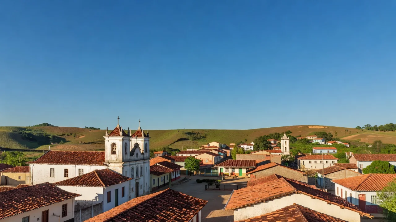 Vista da Igreja Matriz de Nossa Senhora das Dores ao amanhecer com a praça ao fundo