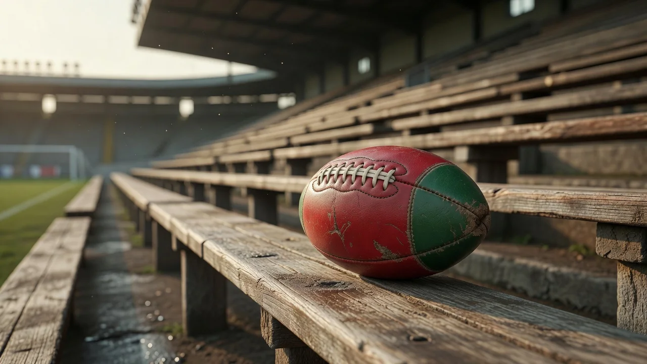 Bola de futebol antiga em tons de vermelho e verde sobre um banco de madeira velho, em luz nostálgica.