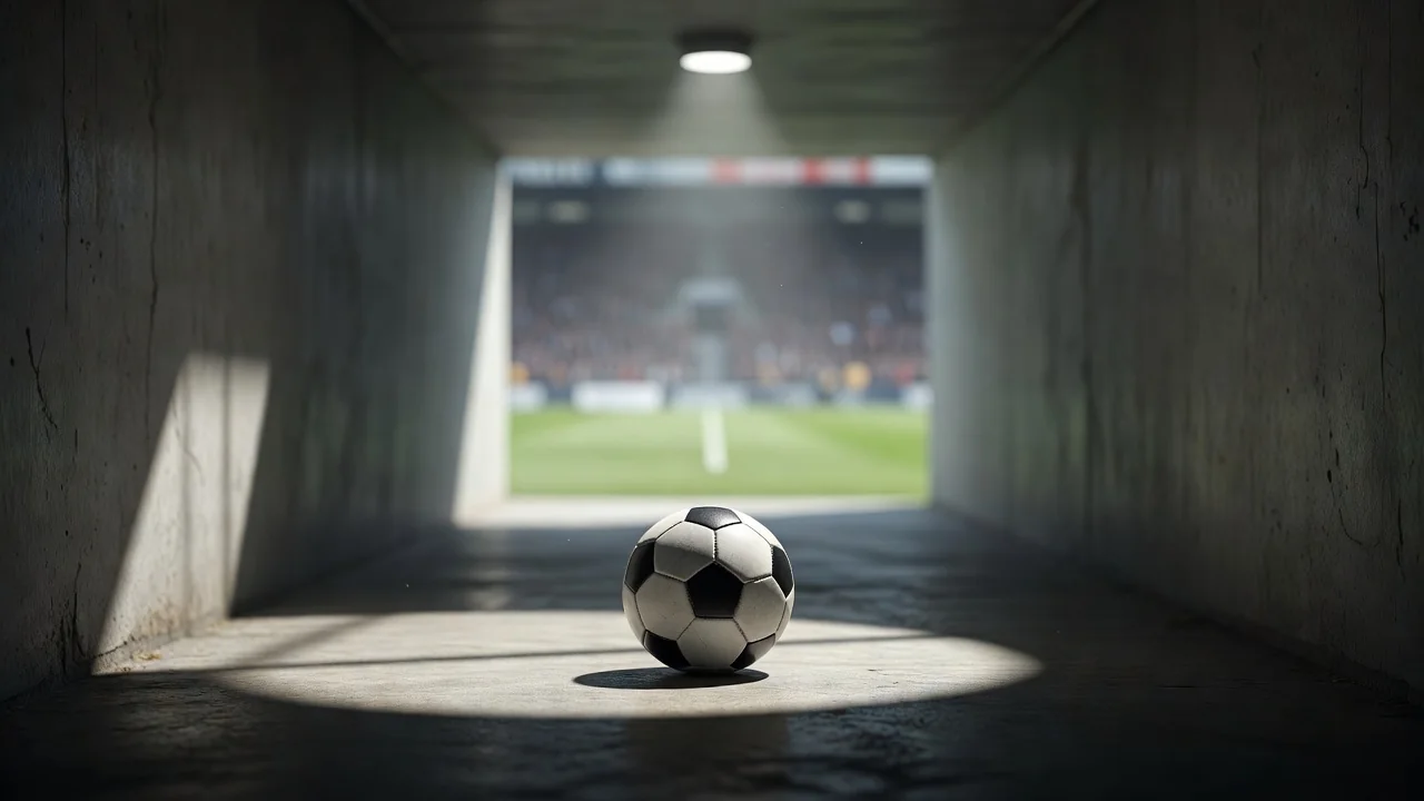 Bola oficial de jogo sobre o relvado junto à linha lateral, com os painéis publicitários do estádio iluminados ao fundo.