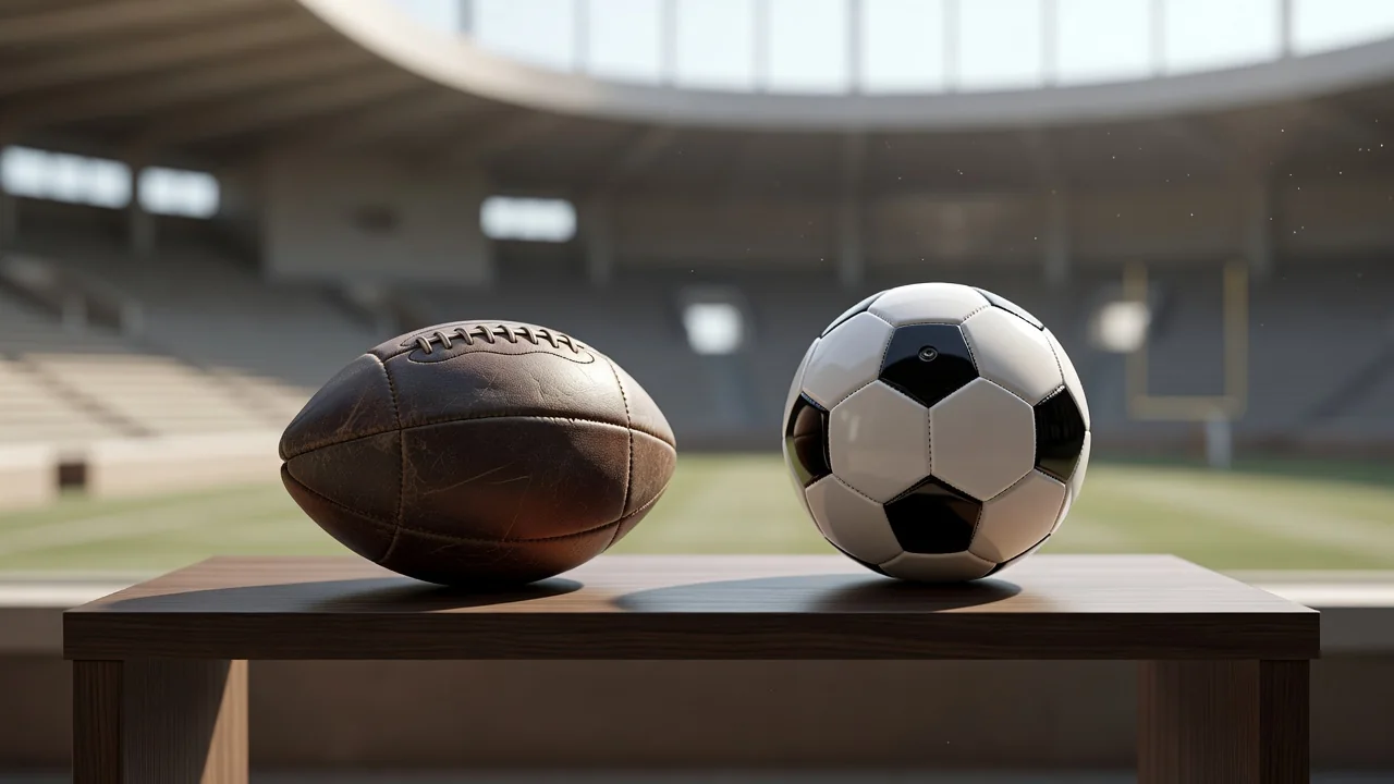Bola de futebol antiga em couro ao lado de uma bola moderna numa prateleira de museu, duas gerações lado a lado.